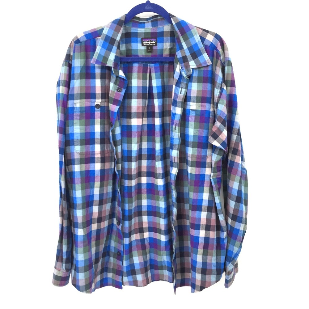 Patagonia organic cotton Blue purple Long sleeve checker plaid gorpcore shirt L